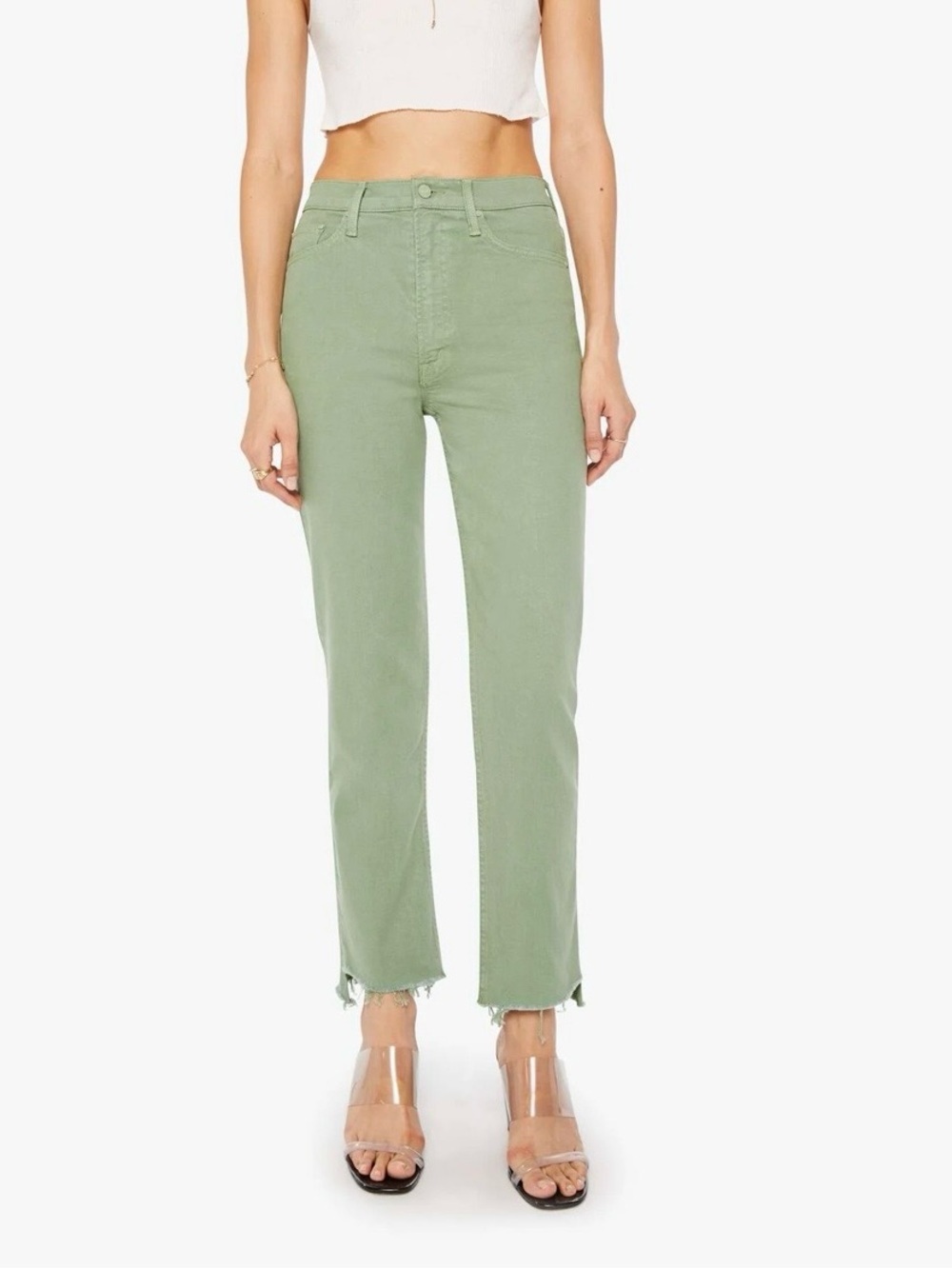 MOTHER High Waisted Rider Ankle Step Fray in a Beautiful Green Colour